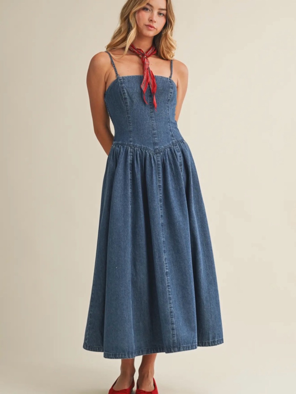 Strap or Strapless Denim Smocked Maxi Dress - Blue. New